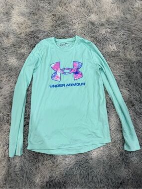 Under Armour Kids Mint Long Sleeve Logo Tee Shirt YMD M Green Pink